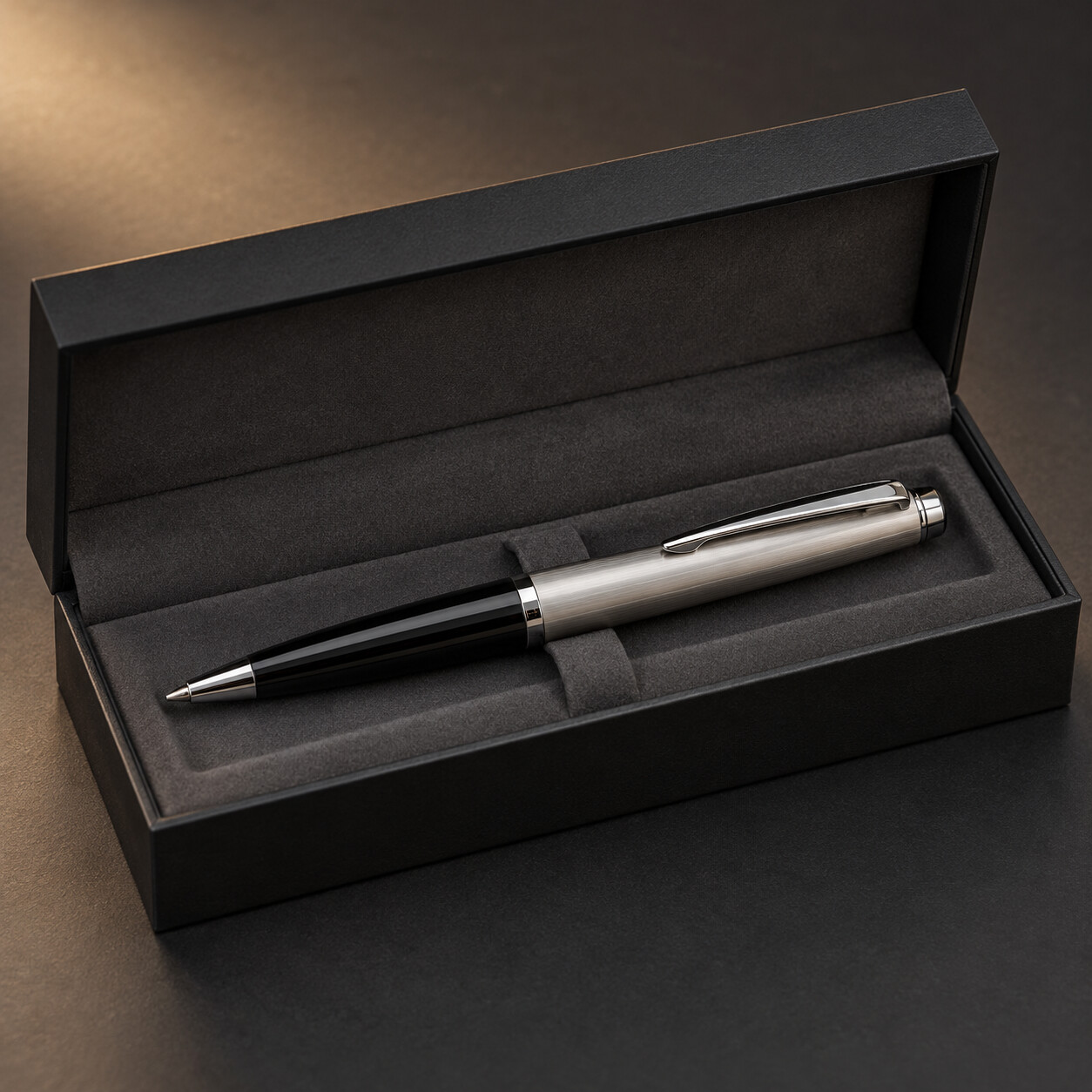 A silver and black ballpoint pen presented in an open gift box